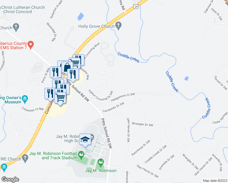 map of restaurants, bars, coffee shops, grocery stores, and more near 348 Halton Crossing Drive Southwest in Concord