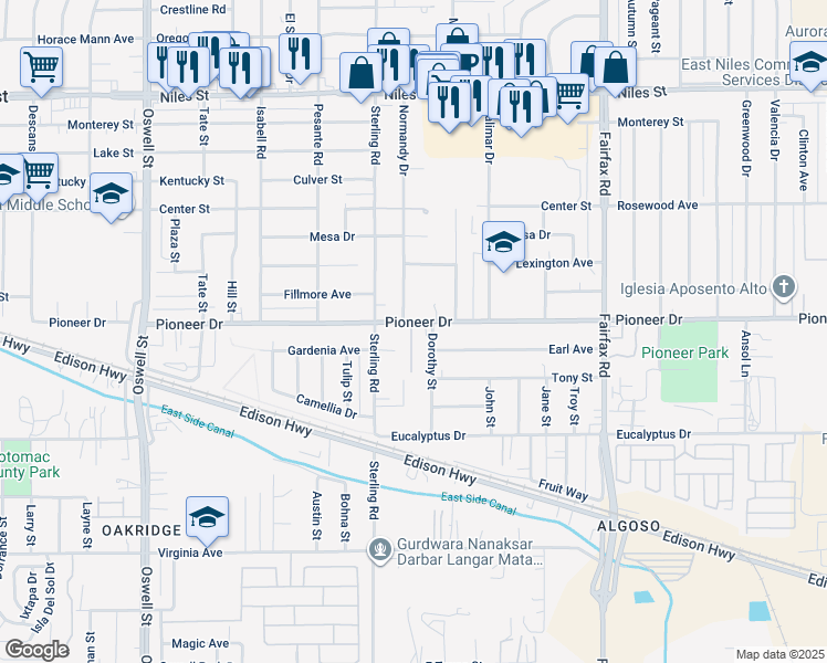 map of restaurants, bars, coffee shops, grocery stores, and more near 4103 Pioneer Drive in Bakersfield