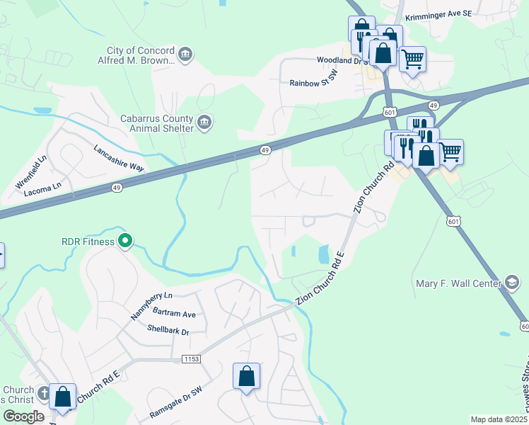 map of restaurants, bars, coffee shops, grocery stores, and more near 247 Morning Dew Drive in Concord