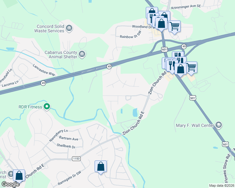 map of restaurants, bars, coffee shops, grocery stores, and more near 287 Morning Dew Drive in Concord