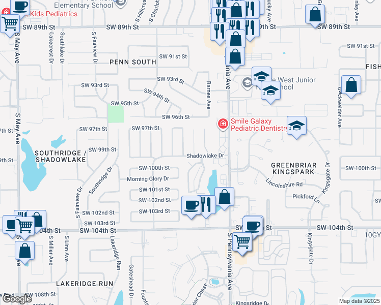 map of restaurants, bars, coffee shops, grocery stores, and more near 9917 Larkspur Lane in Oklahoma City