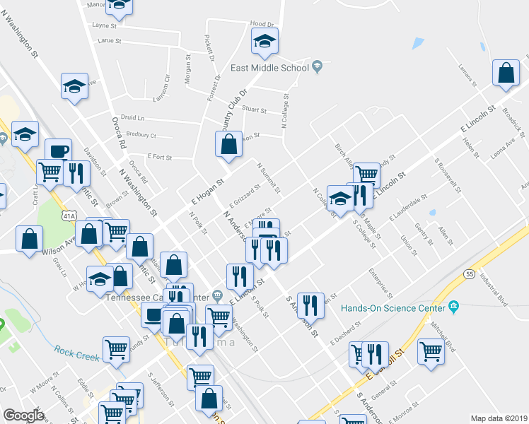 map of restaurants, bars, coffee shops, grocery stores, and more near 423 East Moore Street in Tullahoma