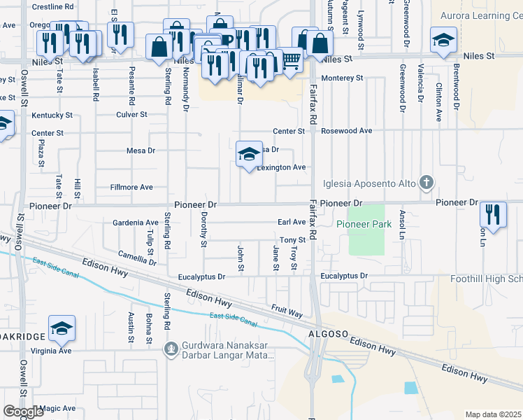 map of restaurants, bars, coffee shops, grocery stores, and more near 4417 Pioneer Drive in Bakersfield