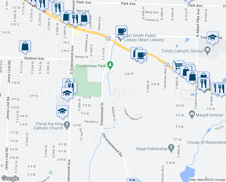 map of restaurants, bars, coffee shops, grocery stores, and more near 3201 South O Street in Fort Smith