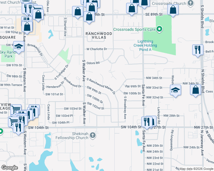map of restaurants, bars, coffee shops, grocery stores, and more near 9912 South Harvey Avenue in Oklahoma City
