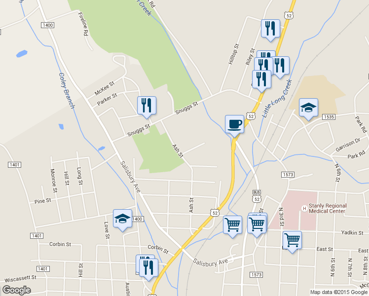 map of restaurants, bars, coffee shops, grocery stores, and more near 408 Moose Street in Albemarle
