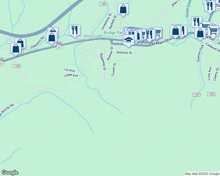 map of restaurants, bars, coffee shops, grocery stores, and more near 389 Ridgeway Street in Sylva