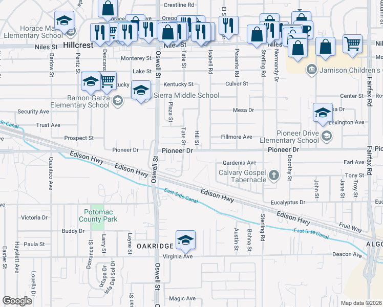 map of restaurants, bars, coffee shops, grocery stores, and more near 3137 Pioneer Drive in Bakersfield