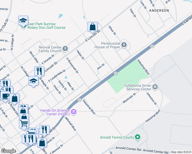 map of restaurants, bars, coffee shops, grocery stores, and more near 400 Helen Street in Tullahoma