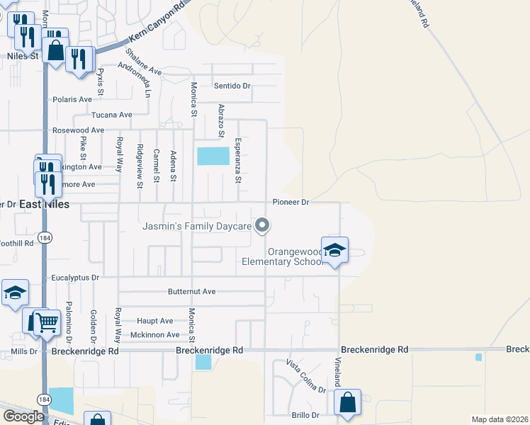 map of restaurants, bars, coffee shops, grocery stores, and more near 1126 Gargano Road in Bakersfield