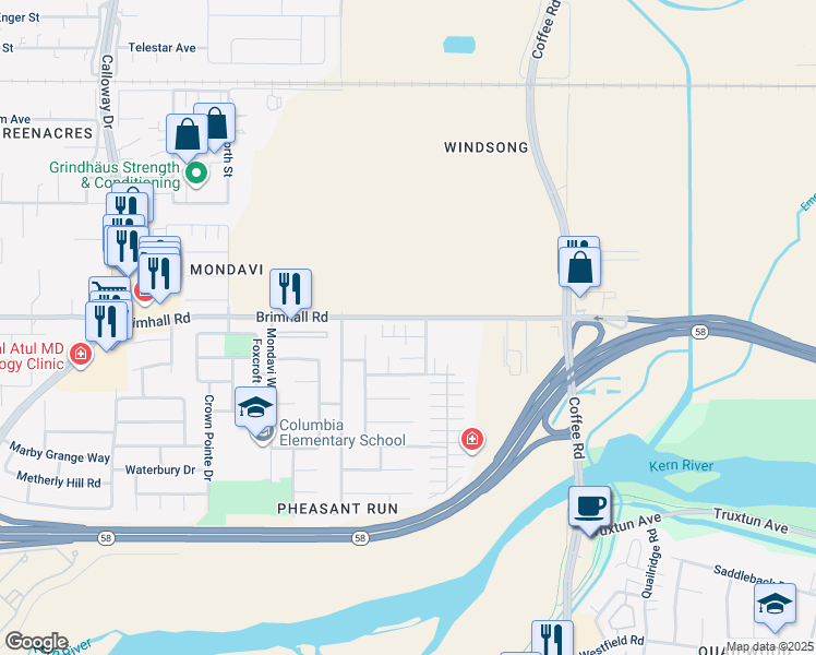 map of restaurants, bars, coffee shops, grocery stores, and more near 8608 Lyn River Court in Bakersfield