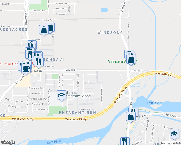 map of restaurants, bars, coffee shops, grocery stores, and more near 8608 Lyn River Court in Bakersfield