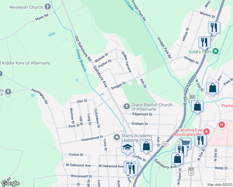 map of restaurants, bars, coffee shops, grocery stores, and more near 1306 Salisbury Avenue in Albemarle