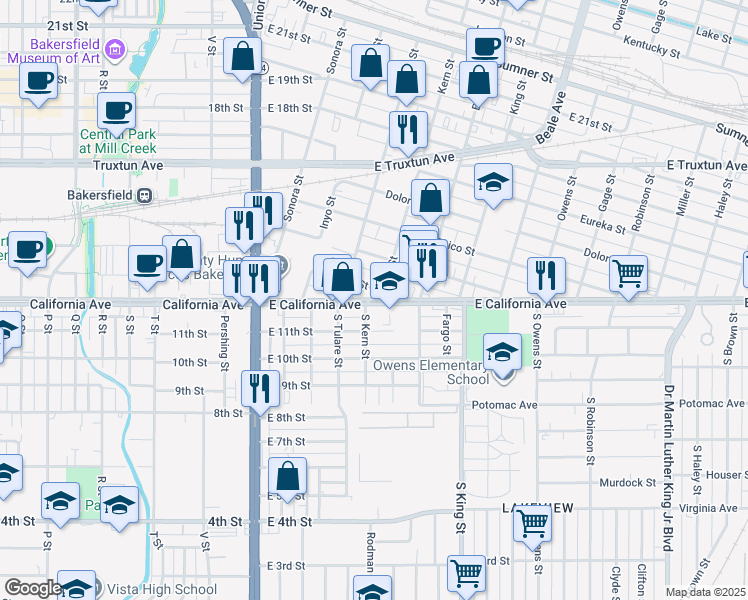 map of restaurants, bars, coffee shops, grocery stores, and more near 614 E California Ave in Bakersfield