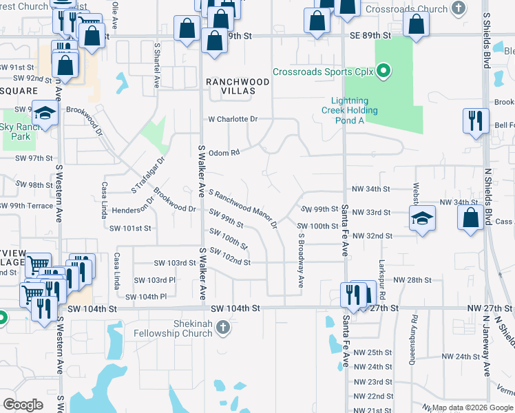 map of restaurants, bars, coffee shops, grocery stores, and more near 301 South Ranchwood Manor Drive in Oklahoma City