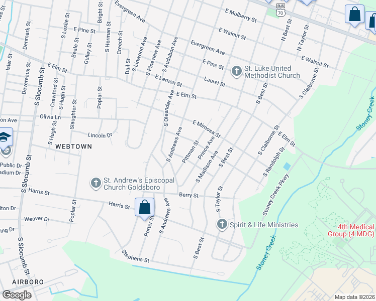 map of restaurants, bars, coffee shops, grocery stores, and more near 807 Pittman Street in Goldsboro