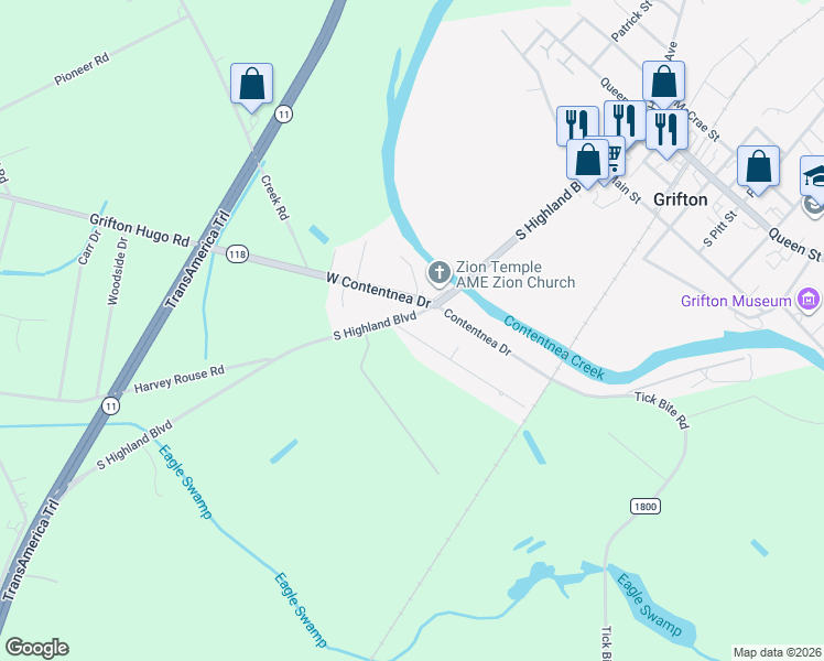 map of restaurants, bars, coffee shops, grocery stores, and more near 221 Tucker Street in Grifton