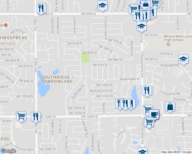 map of restaurants, bars, coffee shops, grocery stores, and more near 9913 Indigo Road in Oklahoma City