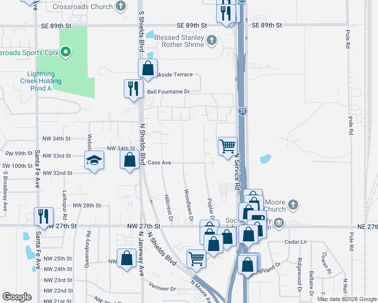 map of restaurants, bars, coffee shops, grocery stores, and more near 2921 Woodlawn Drive in Moore