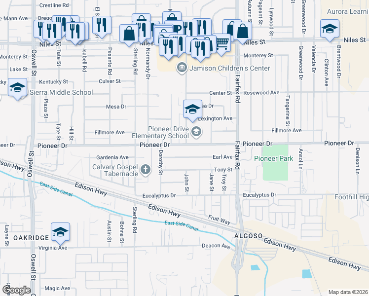 map of restaurants, bars, coffee shops, grocery stores, and more near 4335 Pioneer Drive in Bakersfield
