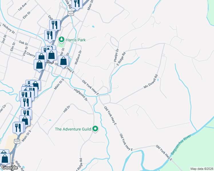 map of restaurants, bars, coffee shops, grocery stores, and more near 101 Frank Smith Road in Dunlap