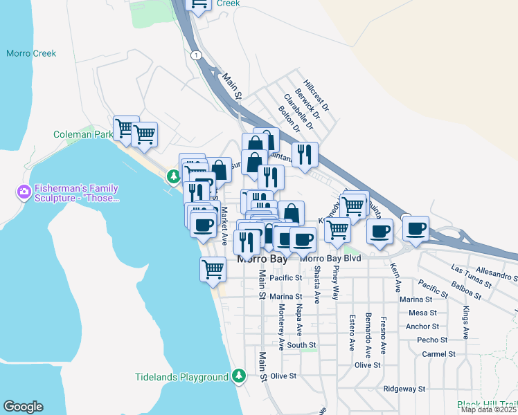 map of restaurants, bars, coffee shops, grocery stores, and more near 1095 Main Street in Morro Bay