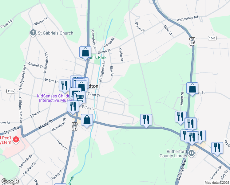 map of restaurants, bars, coffee shops, grocery stores, and more near 198 Cowan Street in Rutherfordton