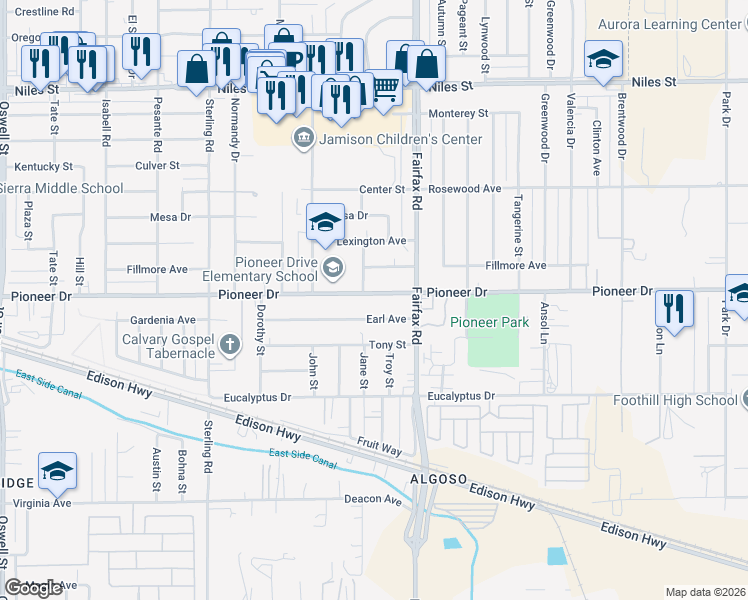 map of restaurants, bars, coffee shops, grocery stores, and more near 4509 Pioneer Drive in Bakersfield