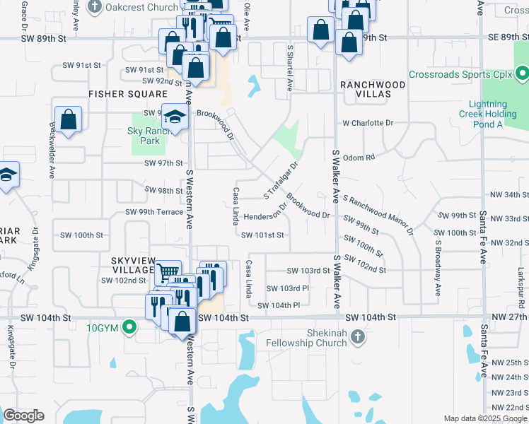 map of restaurants, bars, coffee shops, grocery stores, and more near 10017 Henderson Drive in Oklahoma City