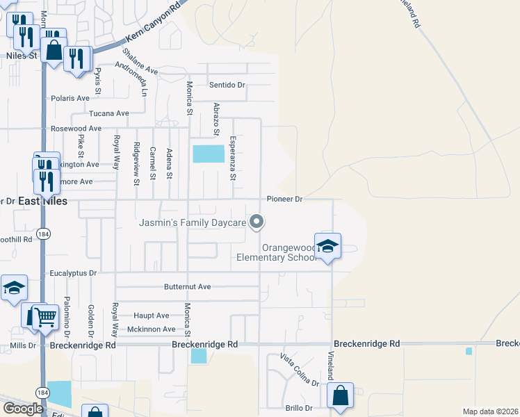 map of restaurants, bars, coffee shops, grocery stores, and more near 1126 Gargano Road in Bakersfield