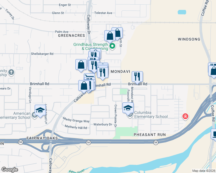 map of restaurants, bars, coffee shops, grocery stores, and more near 1108 Woodmont Drive in Bakersfield