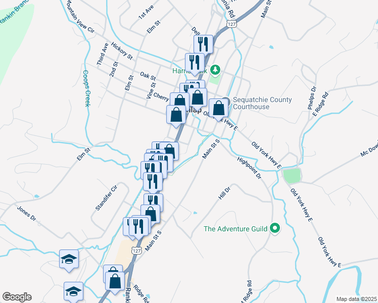 map of restaurants, bars, coffee shops, grocery stores, and more near 419 Walnut Street in Dunlap