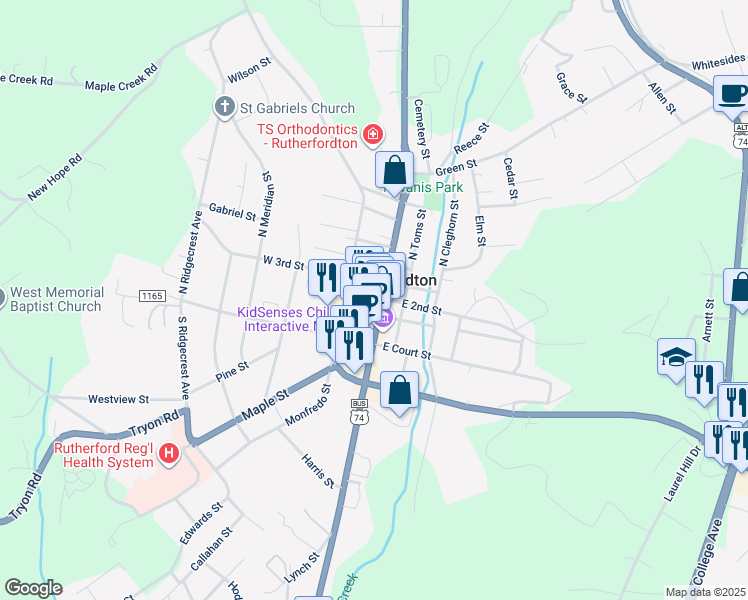 map of restaurants, bars, coffee shops, grocery stores, and more near 111 West 2nd Street in Rutherfordton