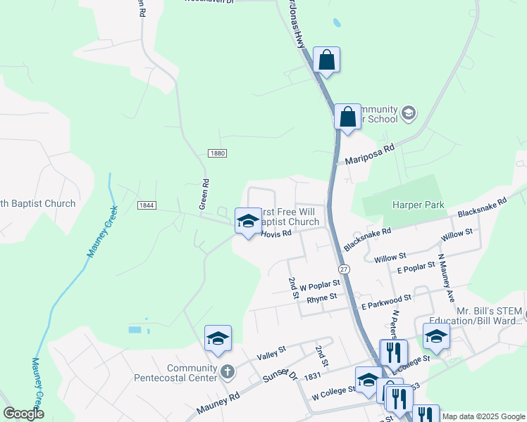 map of restaurants, bars, coffee shops, grocery stores, and more near 308 Morris Street in Stanley