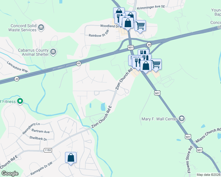 map of restaurants, bars, coffee shops, grocery stores, and more near 391 Morning Dew Drive in Concord