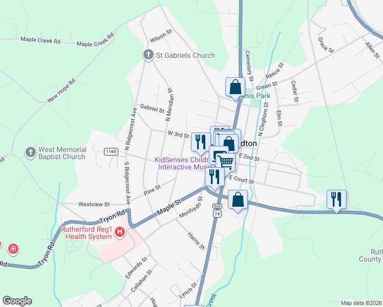 map of restaurants, bars, coffee shops, grocery stores, and more near 144 North Mitchell Street in Rutherfordton