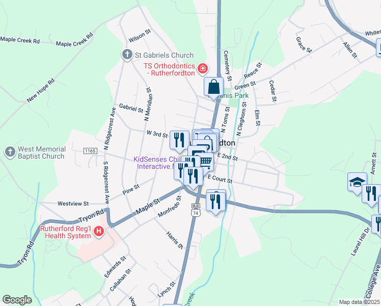 map of restaurants, bars, coffee shops, grocery stores, and more near 152 North Washington Street in Rutherfordton