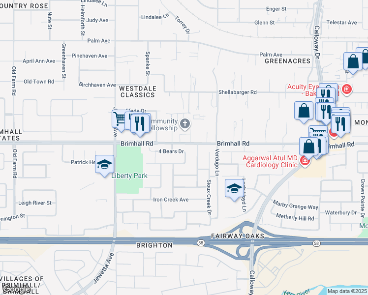 map of restaurants, bars, coffee shops, grocery stores, and more near 10706 4 Bears Drive in Bakersfield
