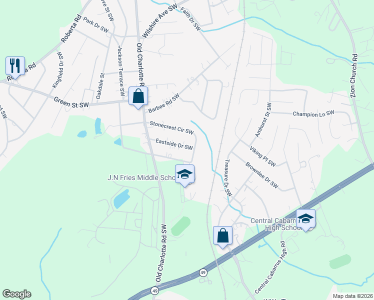 map of restaurants, bars, coffee shops, grocery stores, and more near 106 Eastside Drive Southwest in Concord