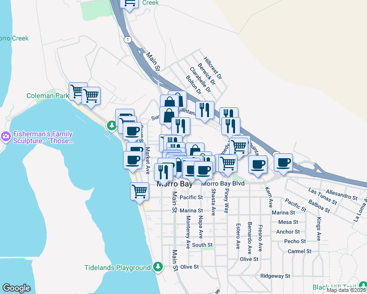 map of restaurants, bars, coffee shops, grocery stores, and more near 124 Beach Street in Morro Bay