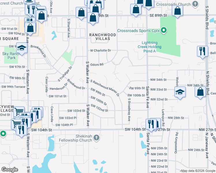 map of restaurants, bars, coffee shops, grocery stores, and more near 9912 South Harvey Avenue in Oklahoma City