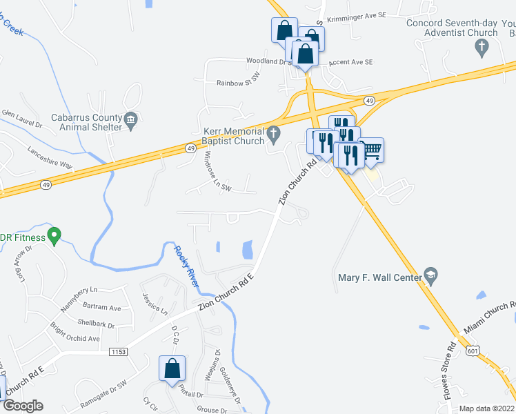 map of restaurants, bars, coffee shops, grocery stores, and more near 379 Morning Dew Drive in Concord