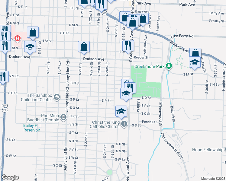 map of restaurants, bars, coffee shops, grocery stores, and more near 2511 South O Street in Fort Smith