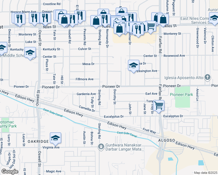 map of restaurants, bars, coffee shops, grocery stores, and more near 4103 Pioneer Drive in Bakersfield