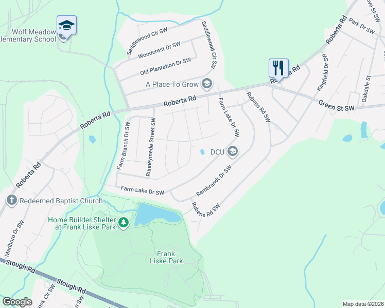 map of restaurants, bars, coffee shops, grocery stores, and more near 1287 Melon Colony Avenue Southwest in Concord
