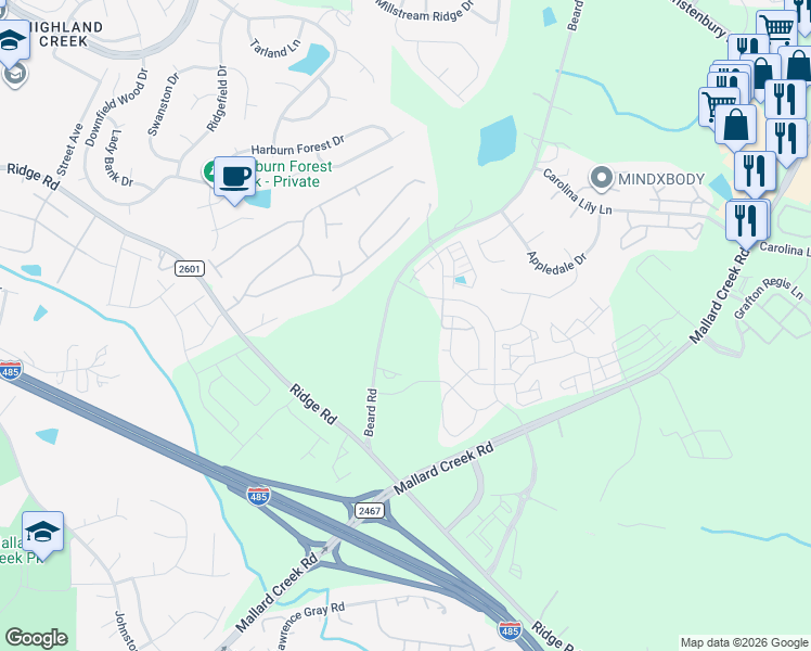 map of restaurants, bars, coffee shops, grocery stores, and more near 2900 Beard Road in Charlotte