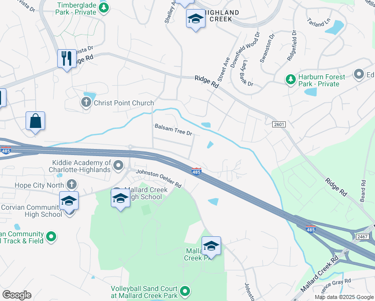 map of restaurants, bars, coffee shops, grocery stores, and more near 12212 Wallace Ridge Drive in Charlotte