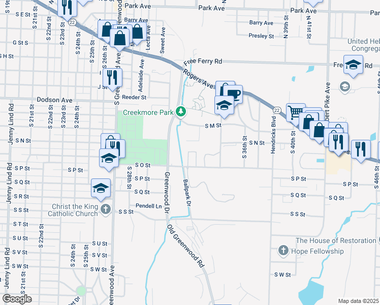 map of restaurants, bars, coffee shops, grocery stores, and more near 3201 South O Street in Fort Smith