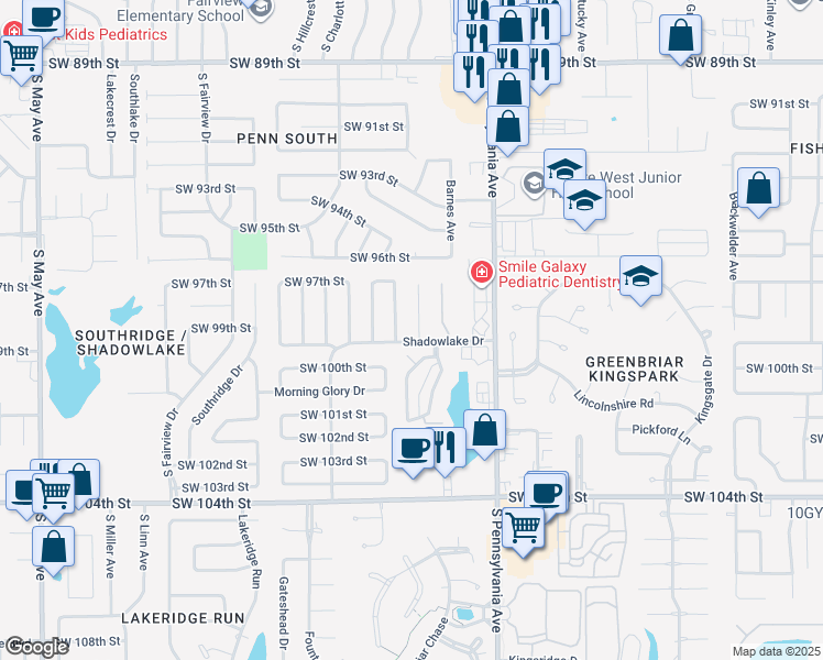 map of restaurants, bars, coffee shops, grocery stores, and more near 9917 Larkspur Lane in Oklahoma City