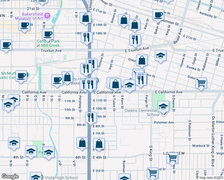 map of restaurants, bars, coffee shops, grocery stores, and more near 430 East California Avenue in Bakersfield